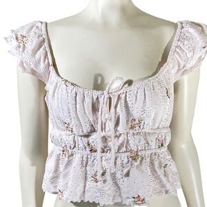 Pink Eyelet Floral Embroidered Milkmaid Crop Top Ruffle Sleeve Cottagecore Sz M